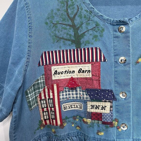 Vtg Sunbelt XL Antiques Action Barn Mumu Patio Dress Chambray Embroider Buttons - Picture 3 of 10